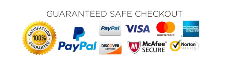 Logos of PayPal, Visa, Mastercard, American Express, and other security badges on a white background with text 'Guaranteed Safe Checkout'.