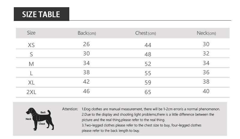 Size chart for dog clothing with measurements in centimeters